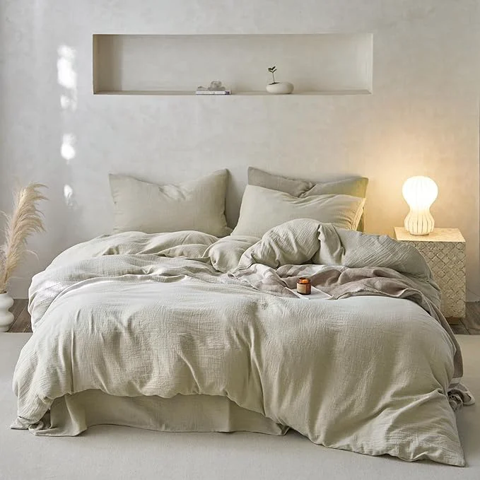 Contemporary EAVD Soft Muslin Cotton Duvet Cover King Solid Beige Duvet Cover with Zipper Closure Lightweight Linen Like Guaze Textured Comforter Cover with 2 Pillowcases Modern Solid Bedding Set Superior
