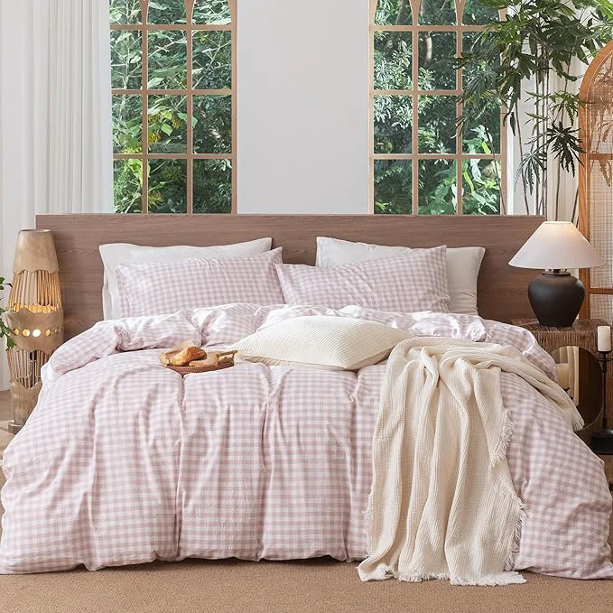 High-Performance MooMee Gingham Duvet Cover Set Washed Cotton Linen Like Textured Breathable Durable Soft Comfy Modern Checkered Design Classic Gingham Greyish Pink King 104 quot x90 quot Functional