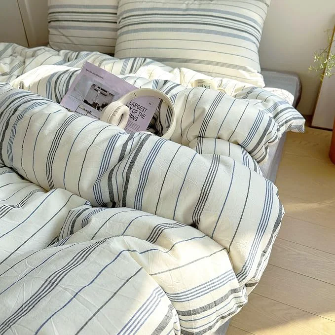 Fine Crafted EAVD Vintage Blue Grey and White Striped Duvet Cover Twin Soft Cotton Chic Stripes Bedding Set with 2 Pillowcases Retro Geometric Duvet Cover with Zipper Closure Corner Ties Premium
