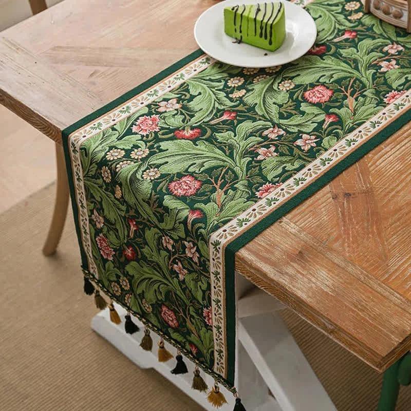 Exclusive Ownkoti Tropical Leaf Jacquard Tassel Table Runner Flexible