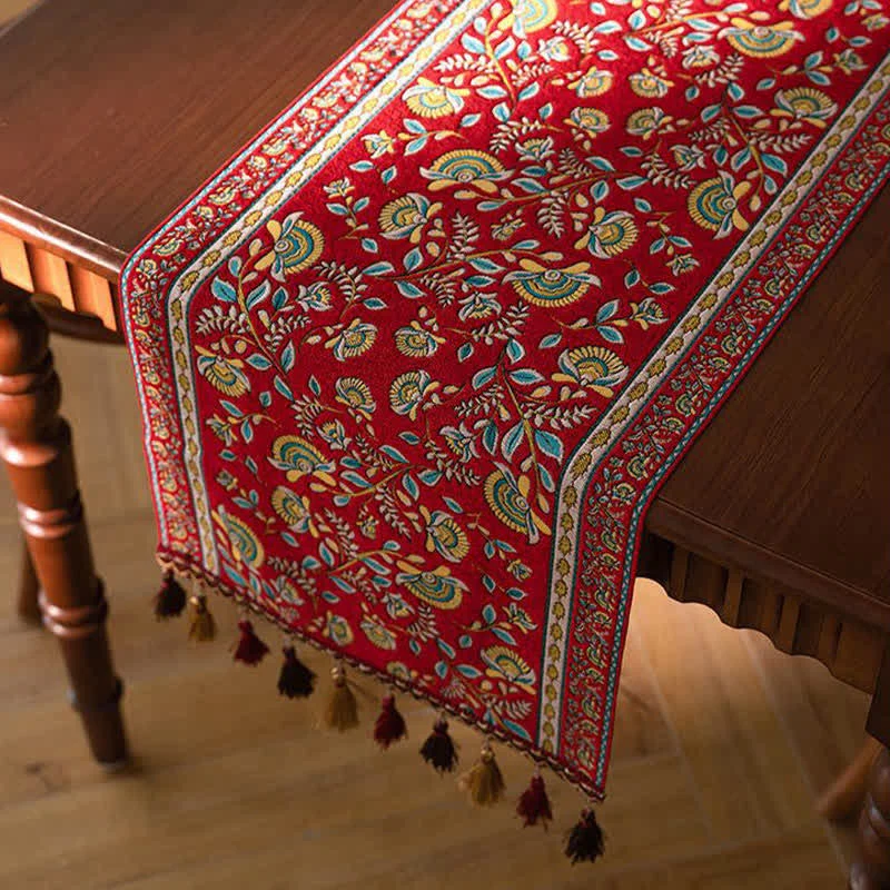 Convenient Ownkoti Vintage Branch Jacquard Tassel Table Runner Sophisticated
