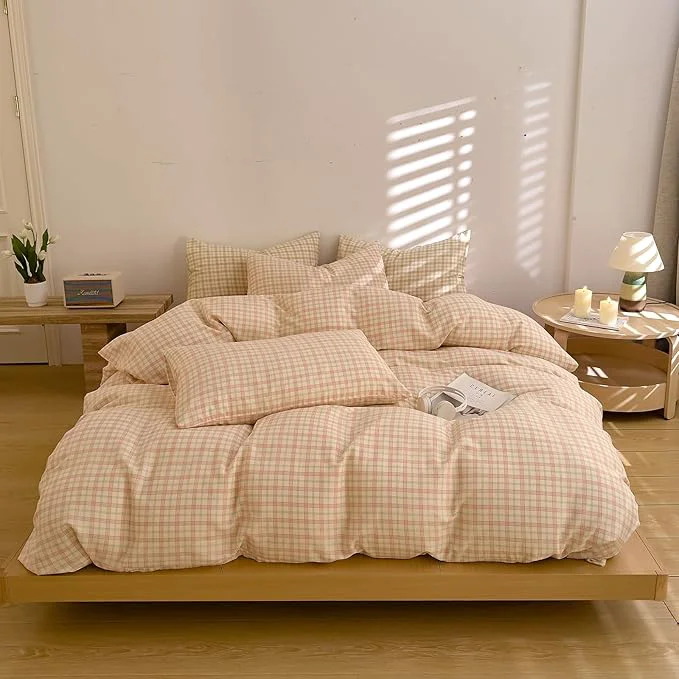 Genuine EAVD Vintage Style Pink amp Green Plaid Duvet Cover Full Soft Muslin Cotton Retro Grid Checkered Bedding Set with 2 Pillowcases Farmhouse Geometric Pattern Duvet Cover with Zipper Closure Minimalist