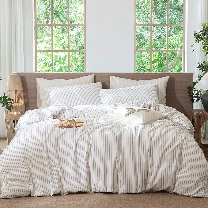 Dependable MooMee Striped Duvet Cover Set Washed Cotton Linen Like Textured Breathable Durable Soft Comfy White Orange Wide Stripes King 104 quot x90 quot Long-Lasting