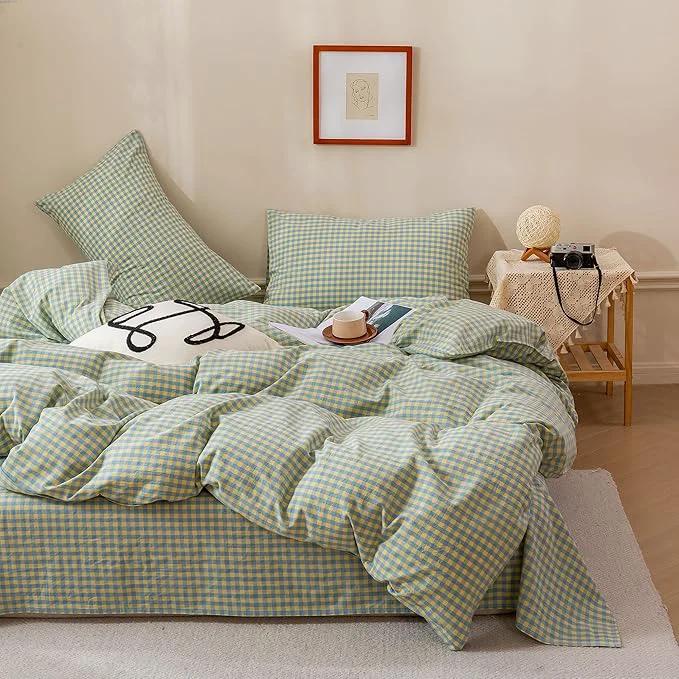 Premium Material EAVD Mini Blue Yellow Plaid Duvet Cover Twin Soft Cotton Reversible Grid Plaid Bedding Set with 2 Pillowcases Modern Style Geometric Grid Plaid Pattern Duvet Cover with Zipper Closure Elegant