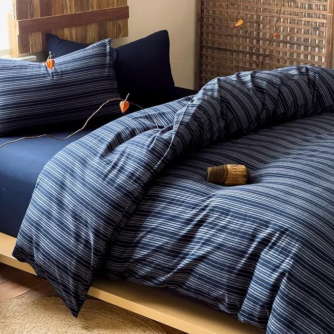 Breathable EAVD Retro Striped Duvet Cover Twin Navy Blue Soft Washed Cotton Reversible Stripes Pattern Bedding Set with 2 Pillowcases Farmhouse Geometric Pattern Duvet Cover with Zipper Closure Expertly Made