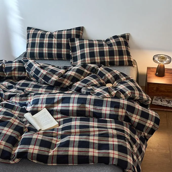 Artisan EAVD Vintage Style Black Buffalo Plaid Duvet Cover Full Soft Washed Cotton Red amp Green Grid Checkered Bedding Set with 2 Pillowcases Retro Farmhouse Geometric Grid Duvet Cover with Zipper Elite