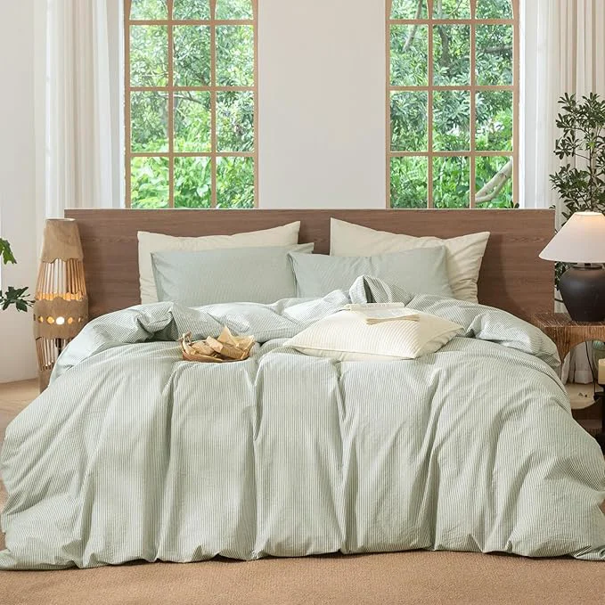 Efficient MooMee Striped Duvet Cover Set Washed Cotton Linen Like Textured Breathable Durable Soft Comfy Sage Green White Pinstripes Super Queen 90 quot x98 quot Outstanding