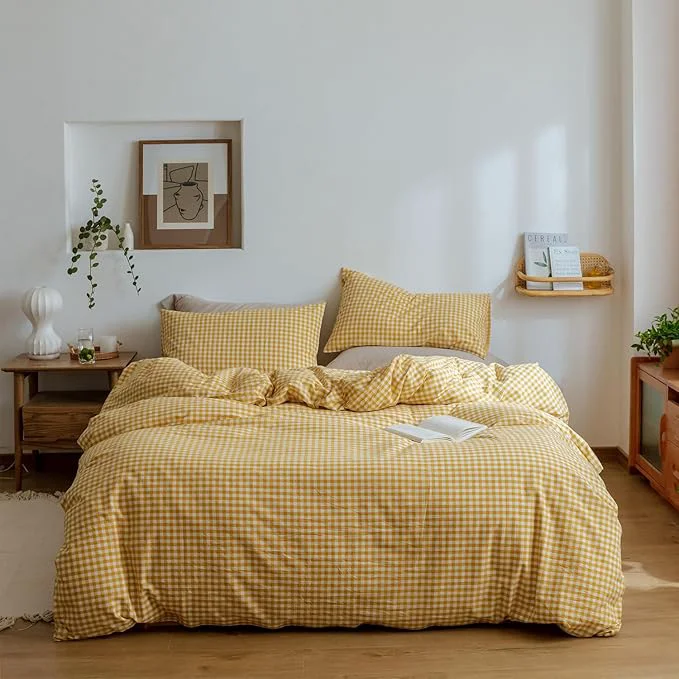 Minimalist mixinni Yellow Gingham Comforter Set Full Plaid Comforter Set 3 Pieces 1 Yellow Grid Comfoter with 2 Pillow Cases for All Seasons Soft Fluffy Modern Grid Pattern Printed Bedding-Full Size Premium
