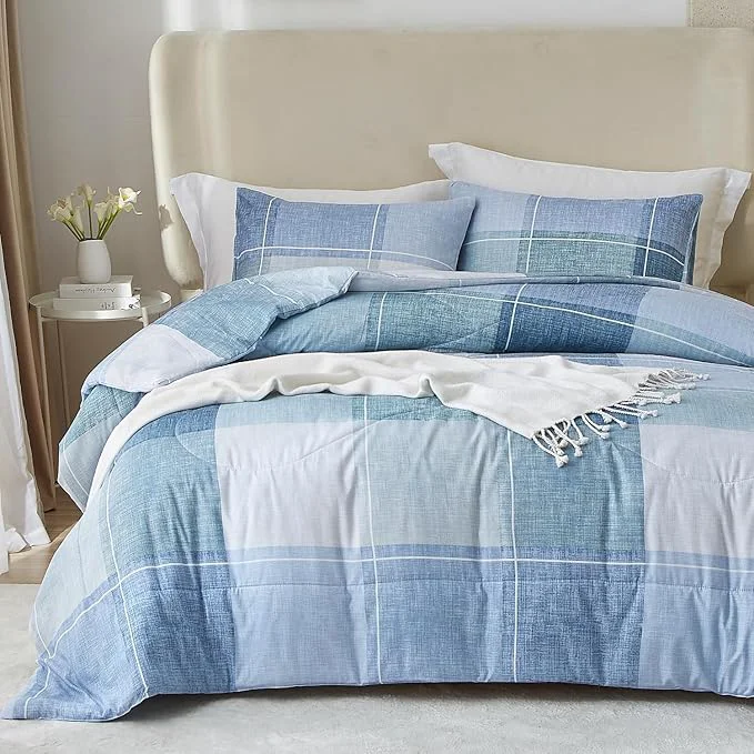 Expertly Made mixinni Full Comforter Set for Boys Simple Style Modern Geometric Blue Checkered Plaid Printed Cofmorter for All Season 1 Lightweight Comfroter and 2 Pillow Shams-Full Size Artisan