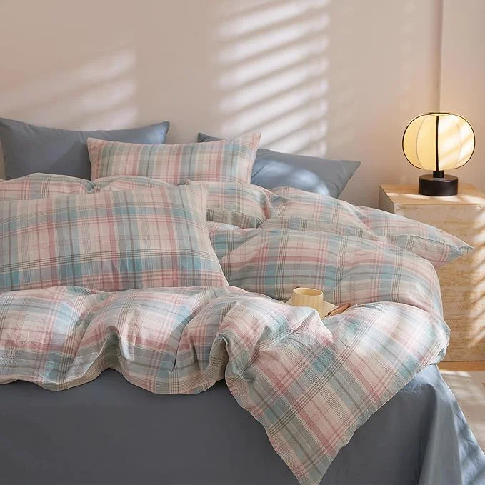 Fast EAVD Cotton Grid Plaid Duvet Cover Queen Size Colorful Gingham Duvet Cover Set 3 Pieces Modern Grid Checkered Bedding Set with 2 Pillowcases Reversible Gingham Bedding Set for Girls Boys Women Men Crafted