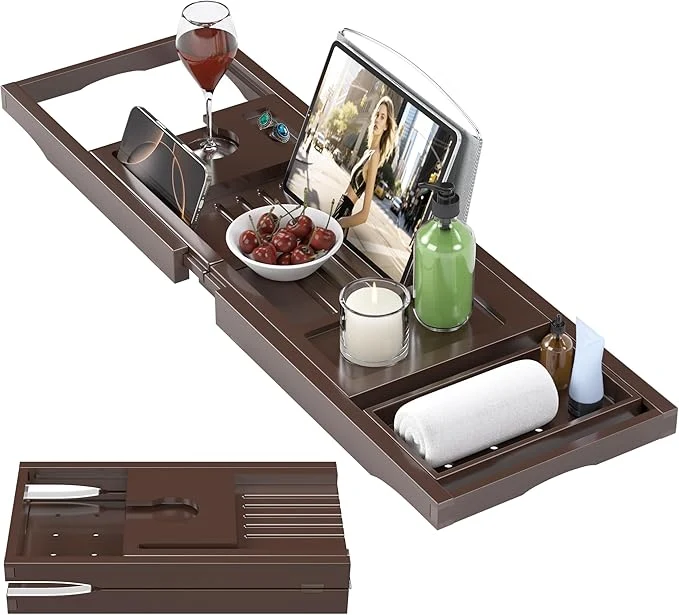 Detailed Foldable Bathtub Caddy Tray for Tub Bamboo Expandable Bath Table Trays Safe