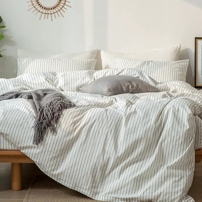 Consistent MooMee Striped Duvet Cover Set Washed Cotton Linen Like Textured Breathable Durable Soft Comfy White Dark Grey Wide Stripes Queen 90 quot x90 quot Long-Lasting