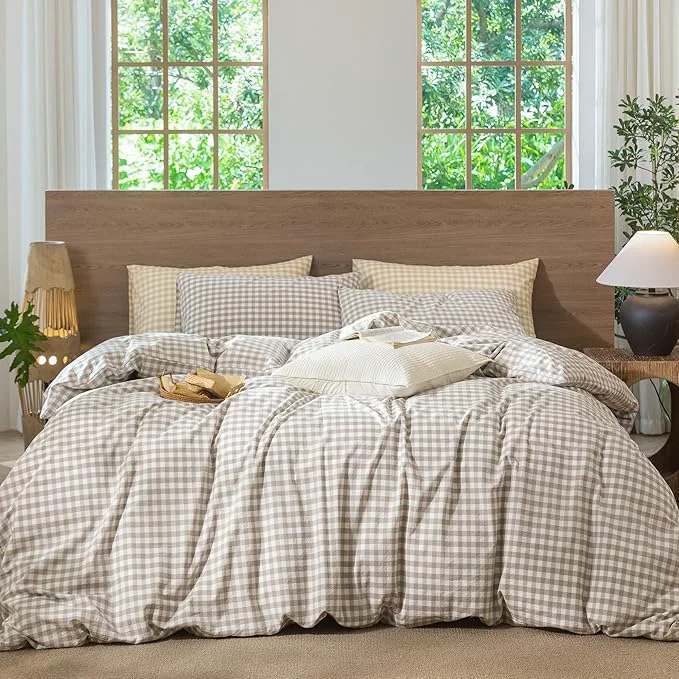 Natural MooMee Gingham Duvet Cover Set Washed Cotton Linen Like Textured Breathable Durable Soft Comfy Modern Checkered Design Tannish Linen Grey Gingham Queen 90 quot x90 quot Trendy