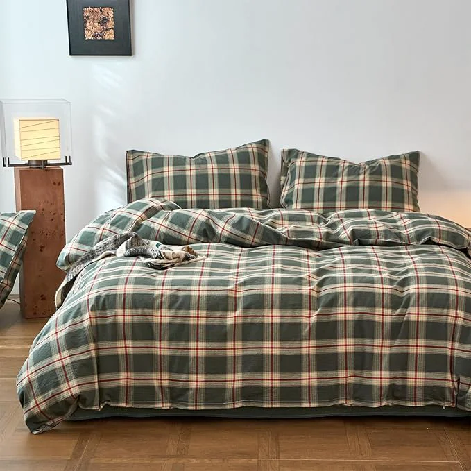 Premium EAVD Vintage Style Green Plaid Duvet Cover Queen Soft Washed Cotton Red Green Grid Checkered Bedding Set with 2 Pillowcases Retro Farmhouse Geometric Grid Duvet Cover with Zipper Closure Reusable