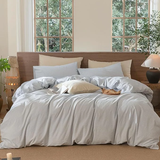 Versatile MooMee Striped Duvet Cover Set Washed Cotton Linen Like Textured Breathable Durable Soft Comfy Cornflower Blue White Pinstripes Super King Plus 120 quot x120 quot