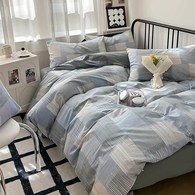 Functional mixinni Queen Comforter Set Soft Aesthetic Blue Geometric Checkered Plaid Printed Bedding Comforter for Men Boys 1 Soft Microfiber Reversible Comforter with 2 Pillowcases for All Seasons Secure