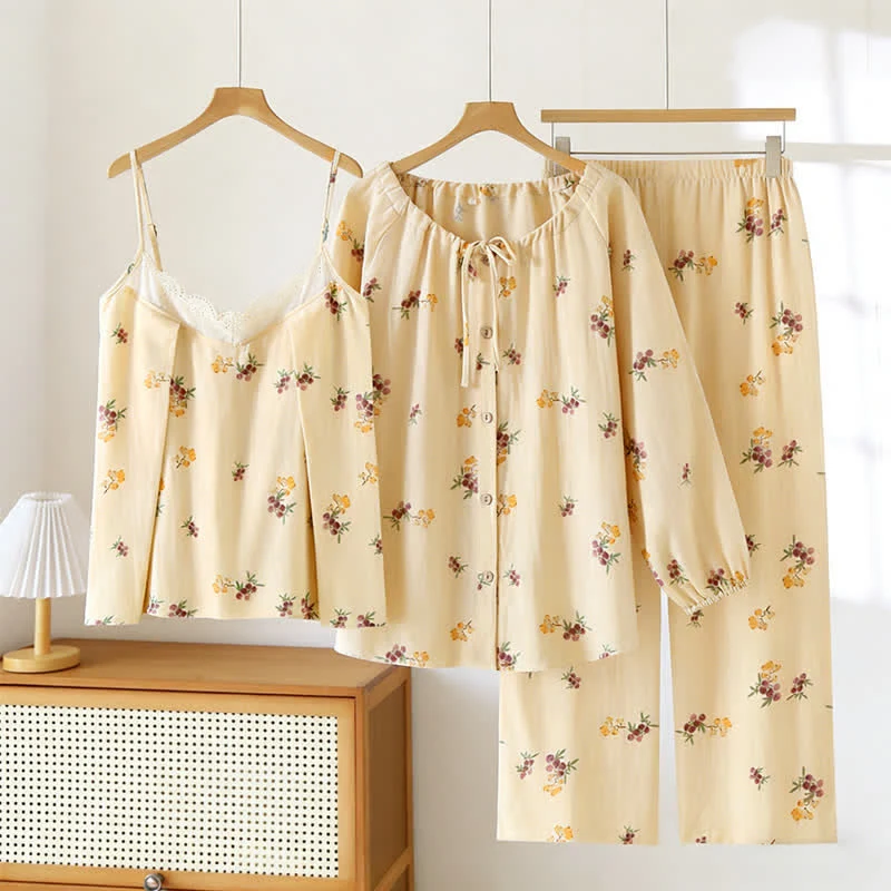Quality Ownkoti Loquat Print Cotton Pajama Set 3PCS Convenient