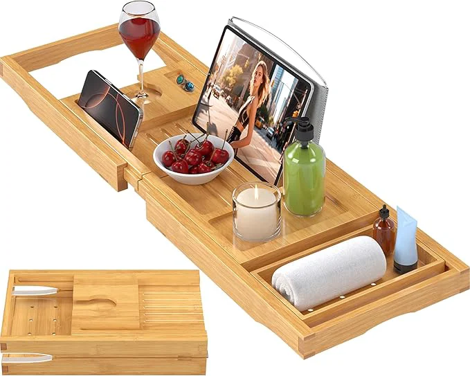 Elegant Foldable Bathtub Caddy Tray for Tub Bamboo Expandable Bath Table Trays Enhanced