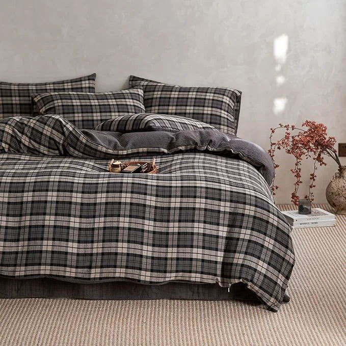 Fine Crafted EAVD Vintage Style Dark Grey Plaid Duvet Cover King Soft Muslin Cotton Modern Grid Checkered Bedding Set with 2 Pillowcases Reversible Gingham Duvet Cover with Zipper Closure Professional