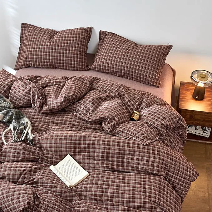 Outstanding EAVD Vintage Style Burgundy Gingham Duvet Cover King Washed Cotton Like Linen Feel Soft Checkered Grid Plaid Bedding Set with 2 Pillowcases Farmhouse Grid Geometric Duvet Cover with Zipper Fine Crafted