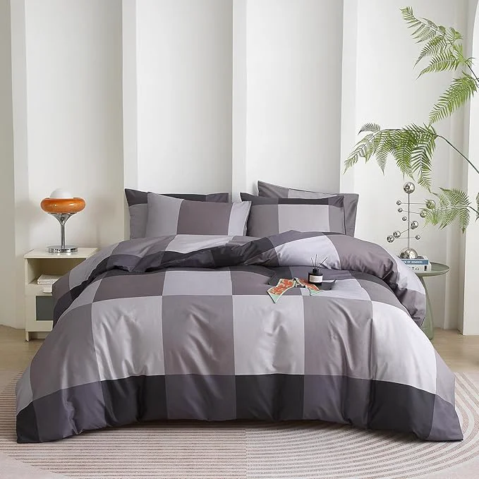 Stylish mixinni Twin XL Comforter Set Men Boys Geometric Checkered Plaid Printed Bedding Comforter for All Season Soft Lightweight Bedding Set- Twin XL Size Grey Black Prestigious