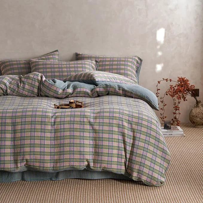 Traditional EAVD Vintage Style Pastel Pink Plaid Duvet Cover Set Full Soft Cotton Muslin Retro Green amp Purple Grid Plaid Bedding Set with 2 Pillowcases Aesthetic Gingham Duvet Cover with Zipper Closure Stylish