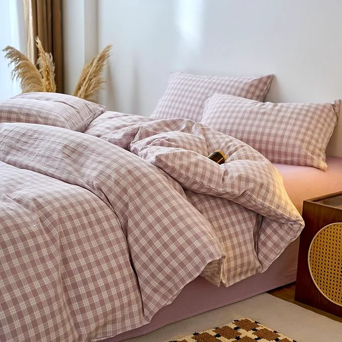 Unique EAVD Vintage Style Gingham Duvet Cover Twin Purple White Soft Washed Cotton Chic Grid Checkered Bedding Set with 2 Pillowcases Farmhouse Purple Plaid Duvet Cover with Zipper Closure High-Performance