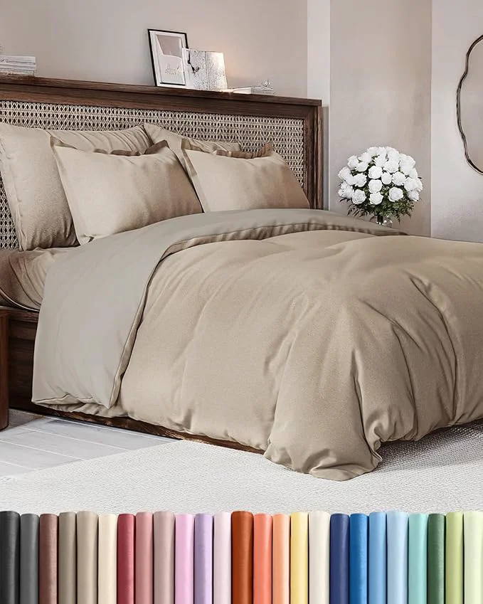 Unique Duvet Cover Queen Size Set – Extra Soft Queen Duvet Cover 90 quot x 90 quot with 2 Pillow Shams – Hotel Luxury Easy Care amp Fade with Zipper Closures amp Ties – Comfy Cozy amp Breathable Heathered Beige Advanced