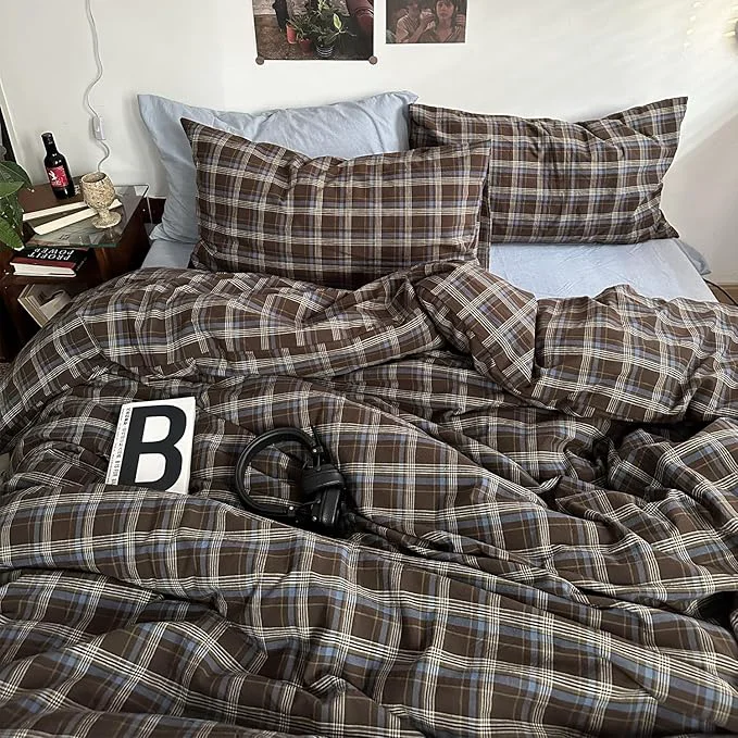 Healthy mixinni Vintage Blue amp Brown Buffalo Plaid Comforter Set King Size – 3-Piece Washed Cotton Soft Geometric Checkered Pattern Bedding Set for All-Seasons Lightweight amp Breathable-King Size Trendy
