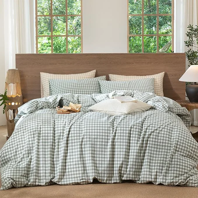 Original Design MooMee Gingham Duvet Cover Set Washed Cotton Linen Like Textured Breathable Durable Soft Comfy Modern Checkered Design Sage Green Gingham Queen 90 quot x90 quot