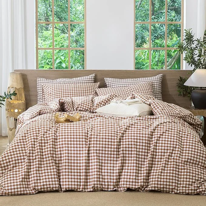 Secure MooMee Gingham Duvet Cover Set Washed Cotton Linen Like Textured Breathable Durable Soft Comfy Modern Checkered Design Dark Orange Gingham Palatial King Oversized King 120 quot x98 quot Premium Material