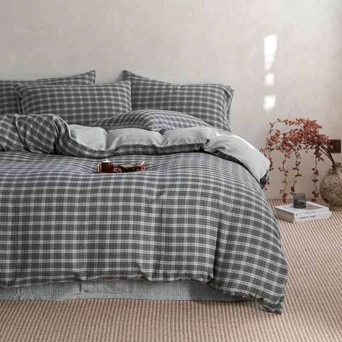 Natural EAVD Vintage Style Grey Plaid Gingham Duvet Cover King Soft Cotton Muslin Grey Grid Checkered Bedding Set with 2 Pillowcases Reversible Plaid Duvet Cover with Zipper Closure Crafted