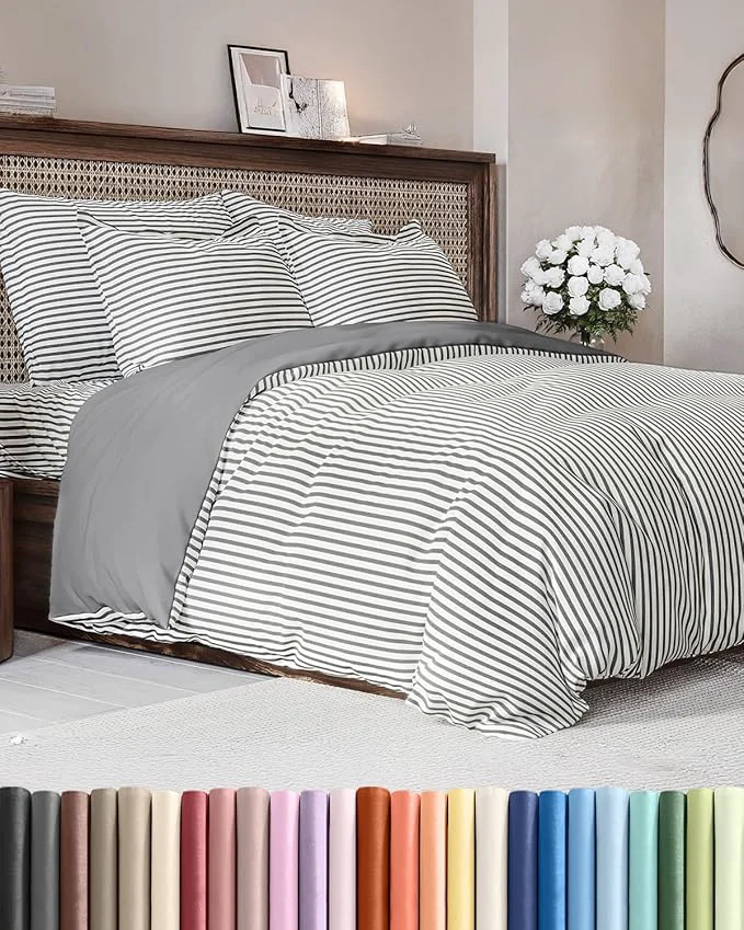 Dependable Duvet Cover Full Size Set – Extra Soft Full Duvet Cover 80 quot x 90 quot with 2 Pillow Shams – Hotel Luxury Easy Care amp Fade with Zipper Closures amp Ties – All Season Comfy amp Breathable Grey Stripes Sophisticated