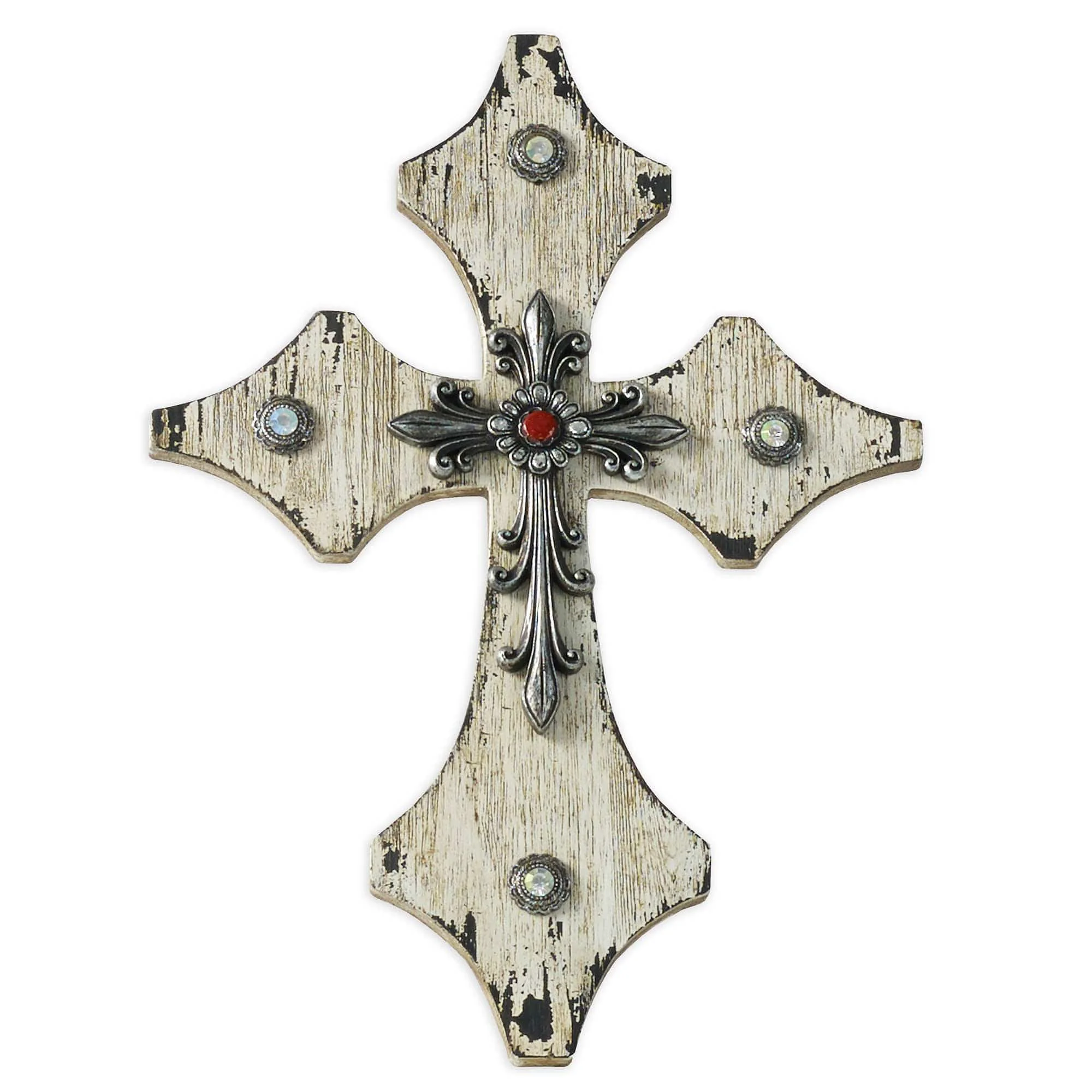 Exclusive Cream Distressed Wooden Cross Wall Décor with Silver Accent Official