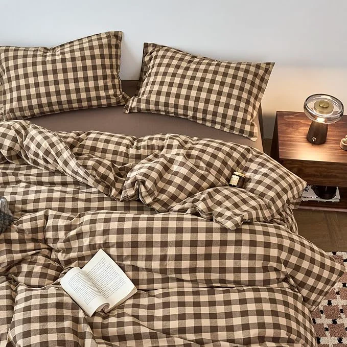 Recyclable EAVD Vintage Style Brown amp Beige Plaid Duvet Cover Set Twin Soft Washed Cotton Like Linen Feel 3-Piece Checkered Gingham Duvet Cover with 2 Pillowcases Retro Buffalo Plaid Bedding Set with Zipper Selected