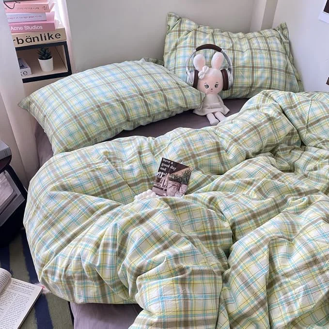 High-Grade EAVD Multicolor Buffalo Plaid Duvet Cover Queen Soft Washed Cotton Reversible Grid Checkered Plaid Bedding Set Vintage Gingham Duvet Cover with 2 Pillowcases Modern Checkered Bedding Set Official