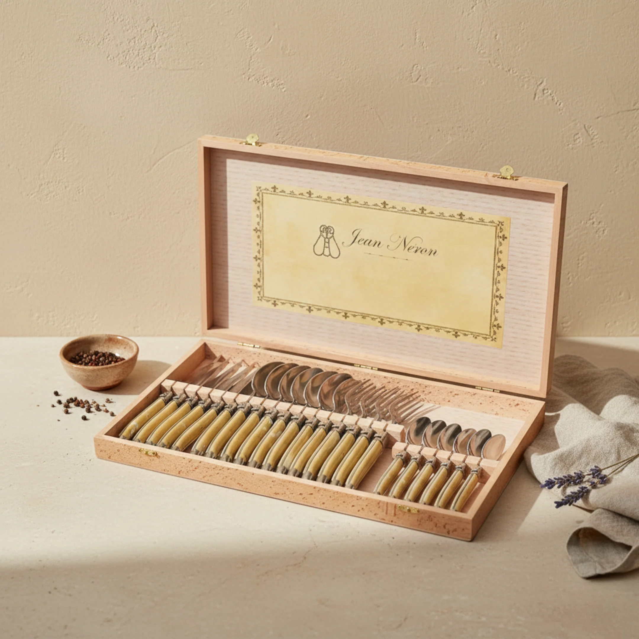 Fashionable Laguiole 24 Piece Flatware Set Platine Pale Horn in Wood Presentation Box Original Design