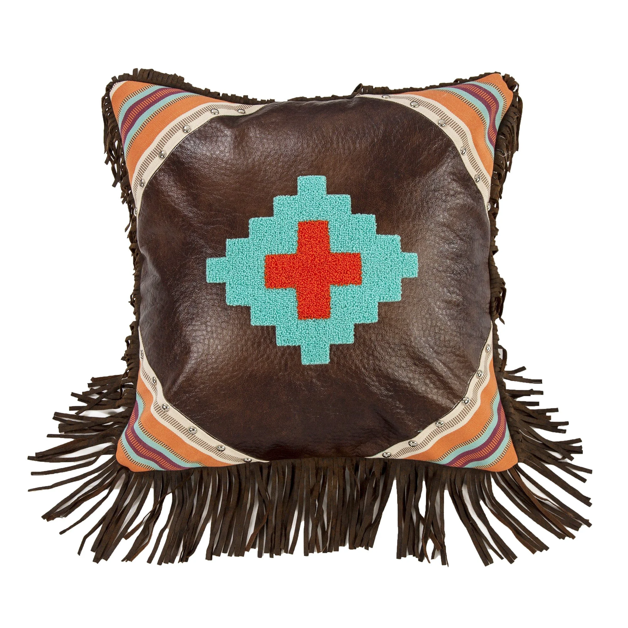 Solid Serape Embroidered Aztec Design Faux Leather Throw Pillow Premium