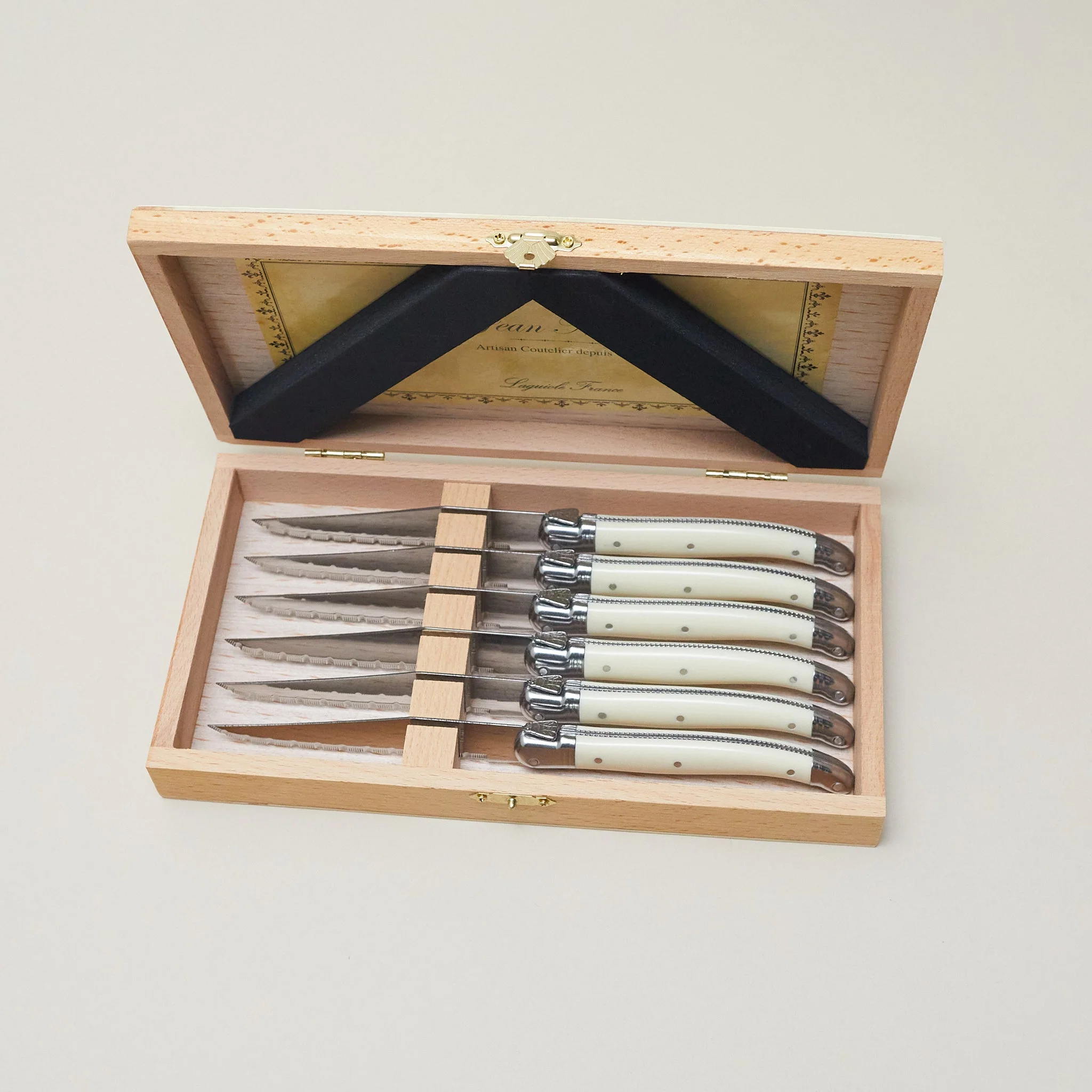 High-End Laguiole 6 Piece Steak Knife Set Platine Ivory in Wood Presentation Box Detailed