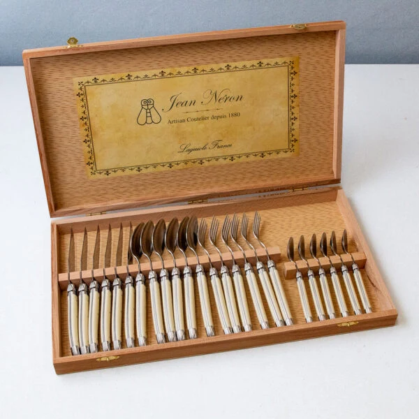 Top-Quality Laguiole 24 Piece Flatware Set Platine Ivory in Wood Presentation Box High-Quality