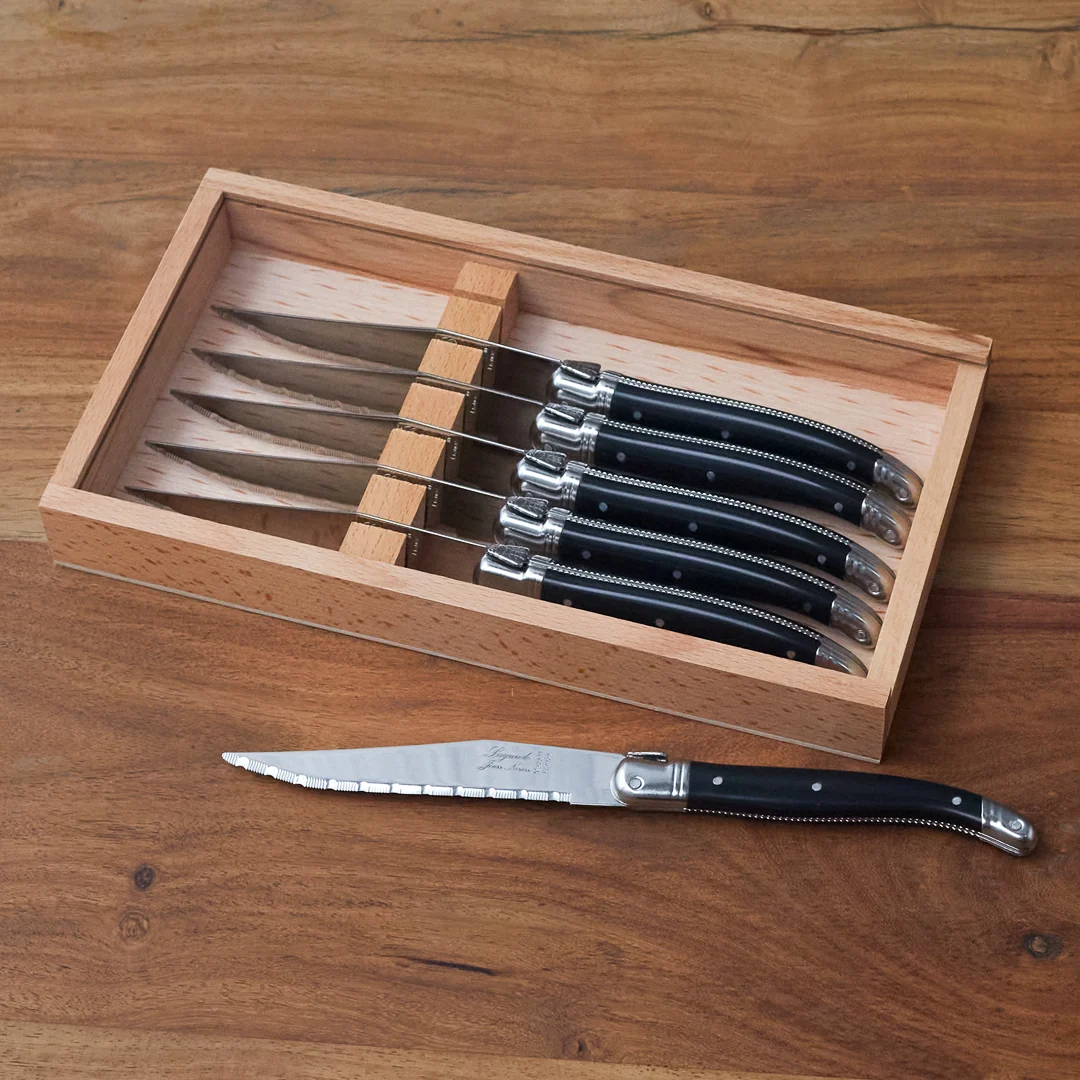 Advanced Laguiole 6 Piece Steak Knife Set Platine Black in Wood Box with Acrylic Lid Soft