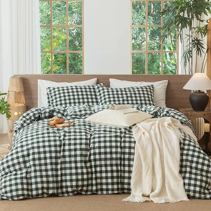 Trendy MooMee Gingham Duvet Cover Set Washed Cotton Linen Like Textured Breathable Durable Soft Comfy Modern Checkered Design Buffalo Plaid Forest Green Oversized Full 82 quot x86 quot Premium Material