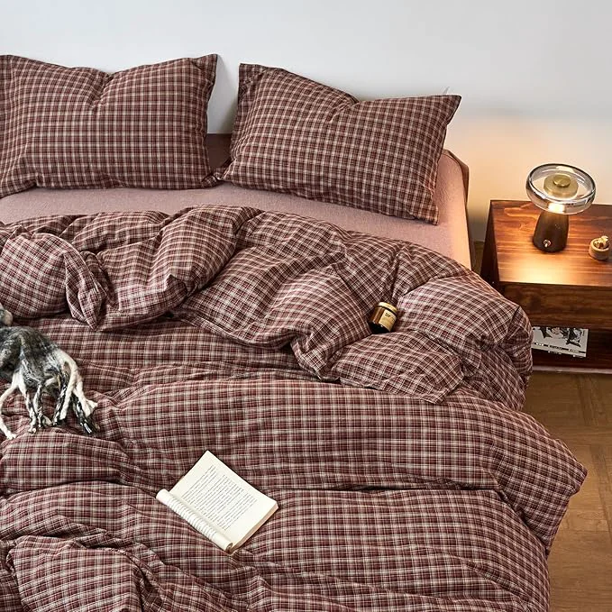 Green EAVD Vintage Style Burgundy Gingham Duvet Cover Full Washed Cotton Like Linen Feel Soft Checkered Grid Plaid Bedding Set with 2 Pillowcases Farmhouse Grid Geometric Duvet Cover with Zipper Professional