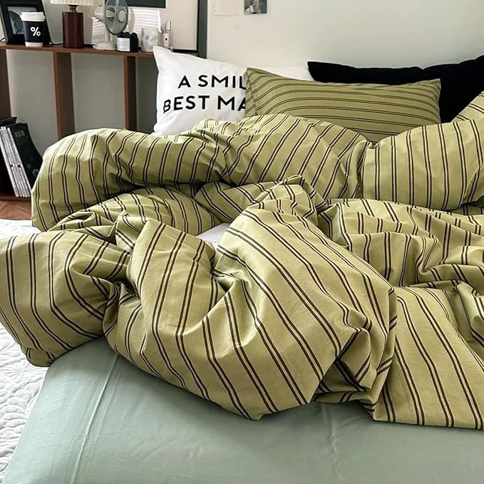 Unique mixinni Vintage Mid-Century Striped Comforter Set Twin XL – 3 Pieces 1 Fluffy Comforter amp 2 Pillowcases Olive Green amp Dark Brown Retro Striped Bed Set All Season Lightweight amp Breathable Dependable