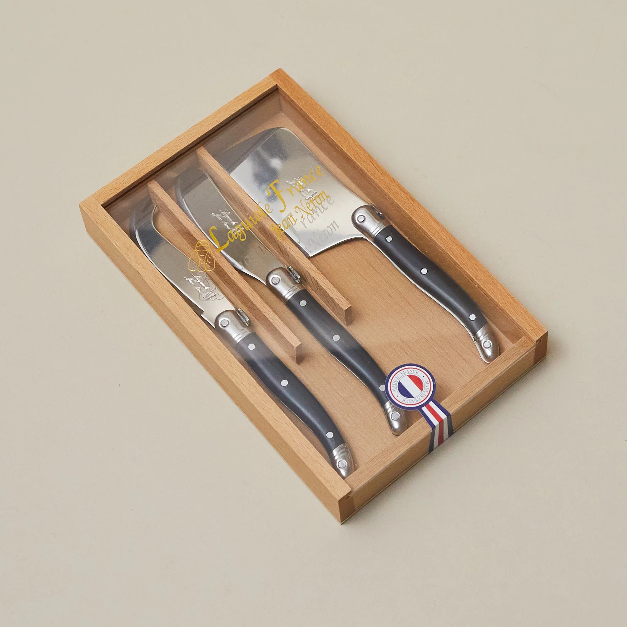 Elegant Laguiole 3 Piece Mini Cheese Utensil Set Black in Wood Box with Acrylic Lid Minimalist
