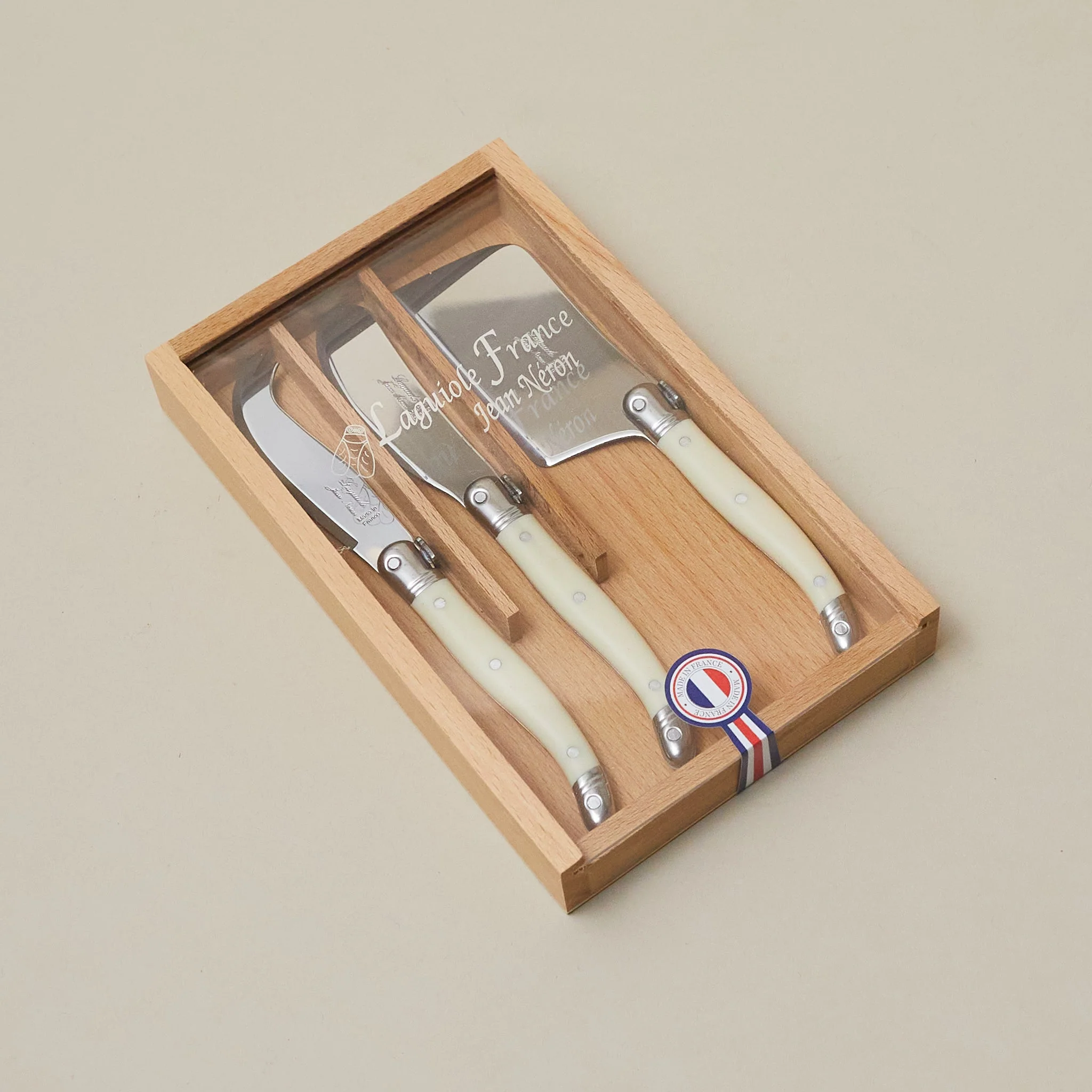 Contemporary Laguiole 3 Piece Mini Cheese Utensil Set Ivory in Wood Box with Acrylic Lid Responsible