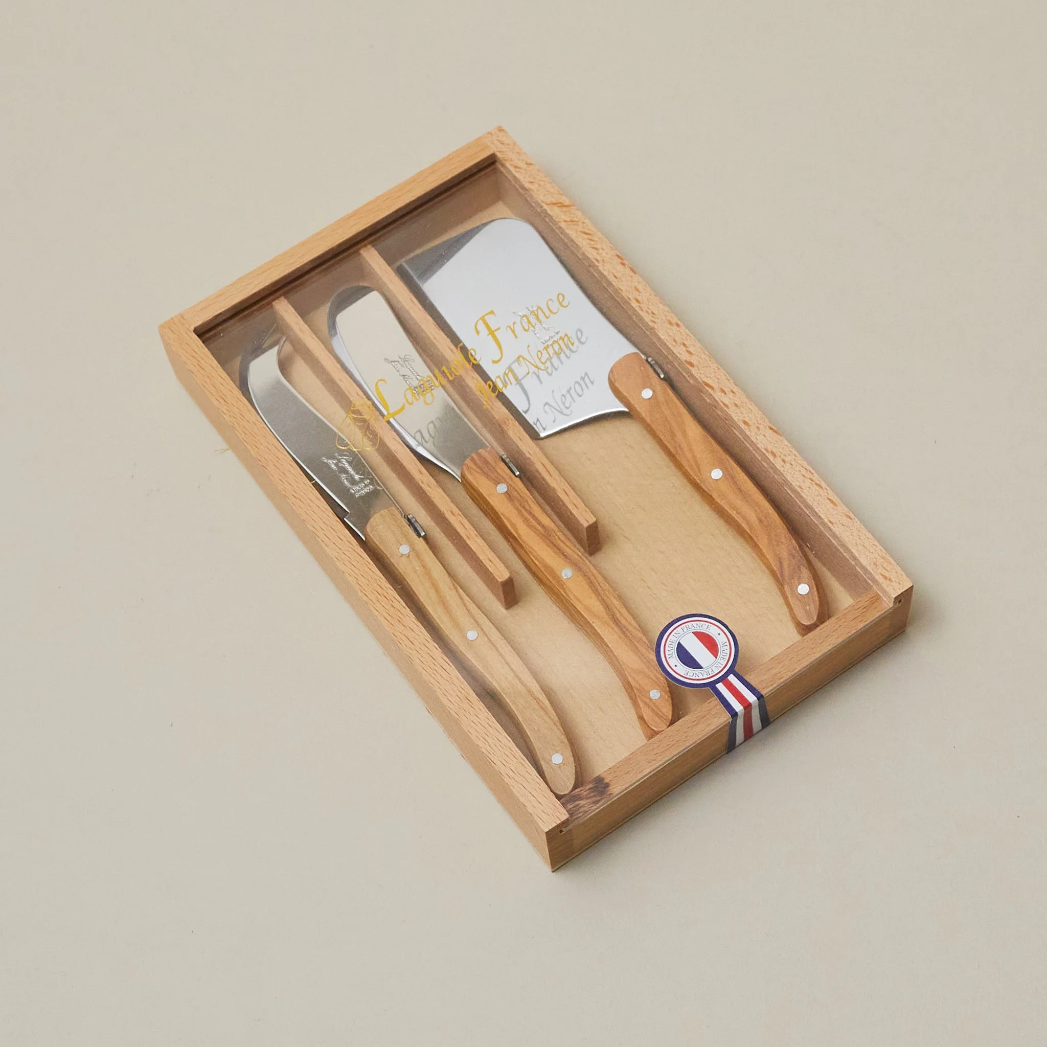 Efficient Laguiole 3 Piece Mini Cheese Utensil Set Olivewood in Wood Box with Acrylic Lid Flexible