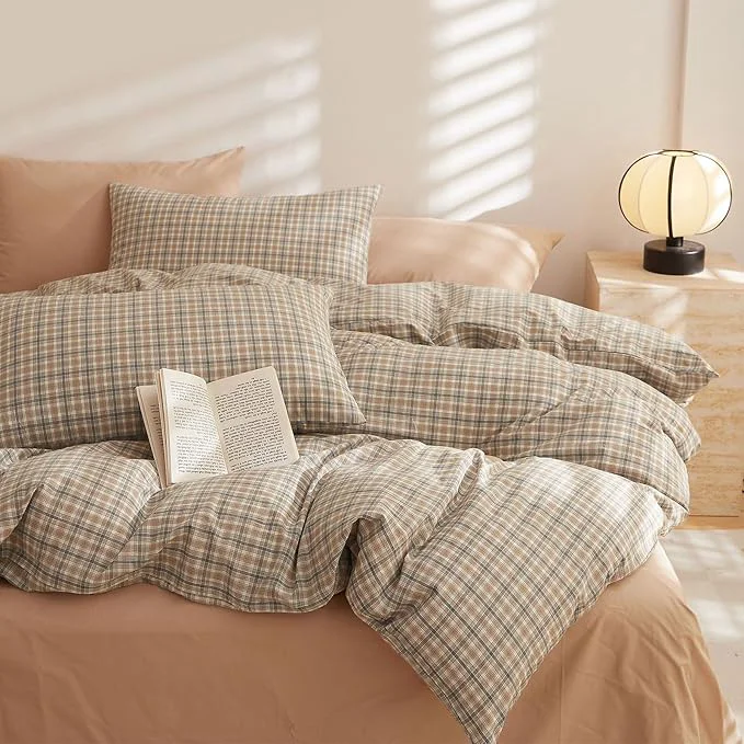 High-Grade EAVD Retro Tan Gingham Duvet Cover Queen Khaki Brown Grid Plaid Bedding Set Soft Washed Cotton Like Linen Feel Soft 3-Piece Brown Vintage Checkered Plaid Duvet Cover with Zipper Closure Crafted