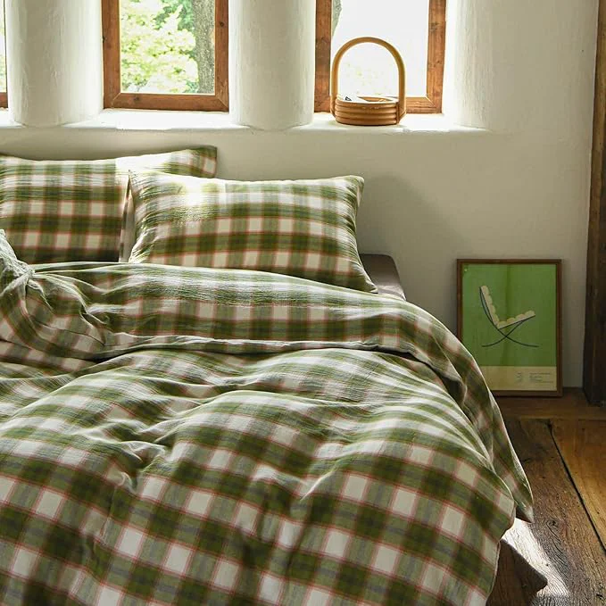 Classic EAVD Vintage Style Gingham Duvet Cover King Soft Muslin Cotton Yarn-Dyed Textured Chic Pink amp Green Grid Plaid Bedding Set with 2 Pillowcases British-Style Plaid Duvet Cover with Zipper Premium