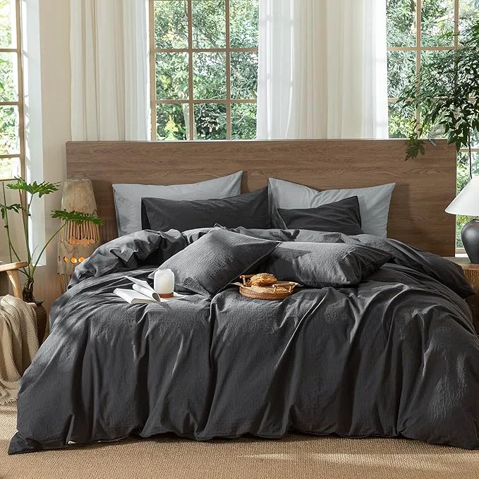 Traditional MooMee Wavy Striped Duvet Cover Set Washed Cotton Linen Like Textured Breathable Durable Soft Comfy Charocal Grey Full 80 quot x90 quot Exclusive